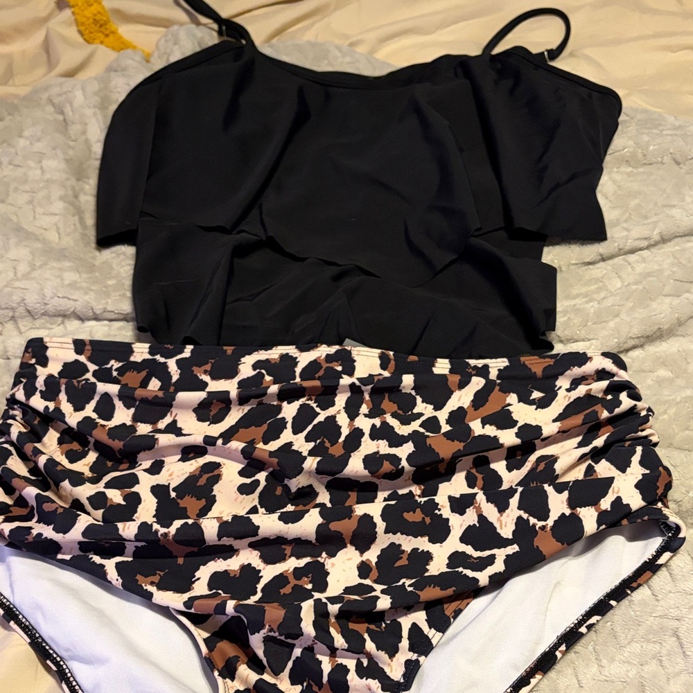 Black Top with Leopard Print Bottom Swimsuit